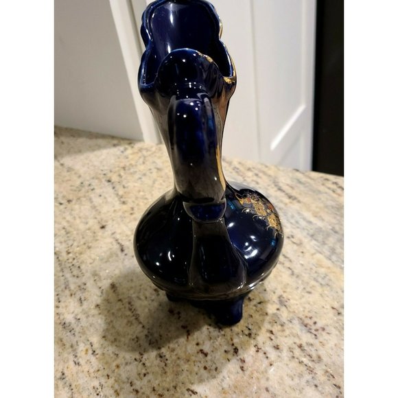 Cobalt Blue Ceramic Gold Trimmed Pitcher Peacock Design 7.5" Tall - Picture 4 of 12